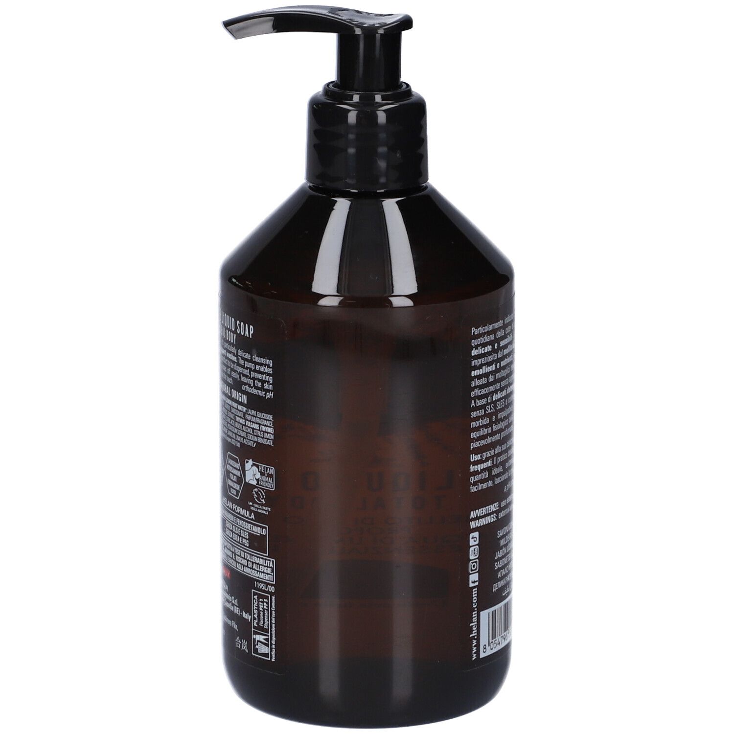 Flacone marrone con pompa per sapone liquido. Erogatore nero, etichetta con testo.