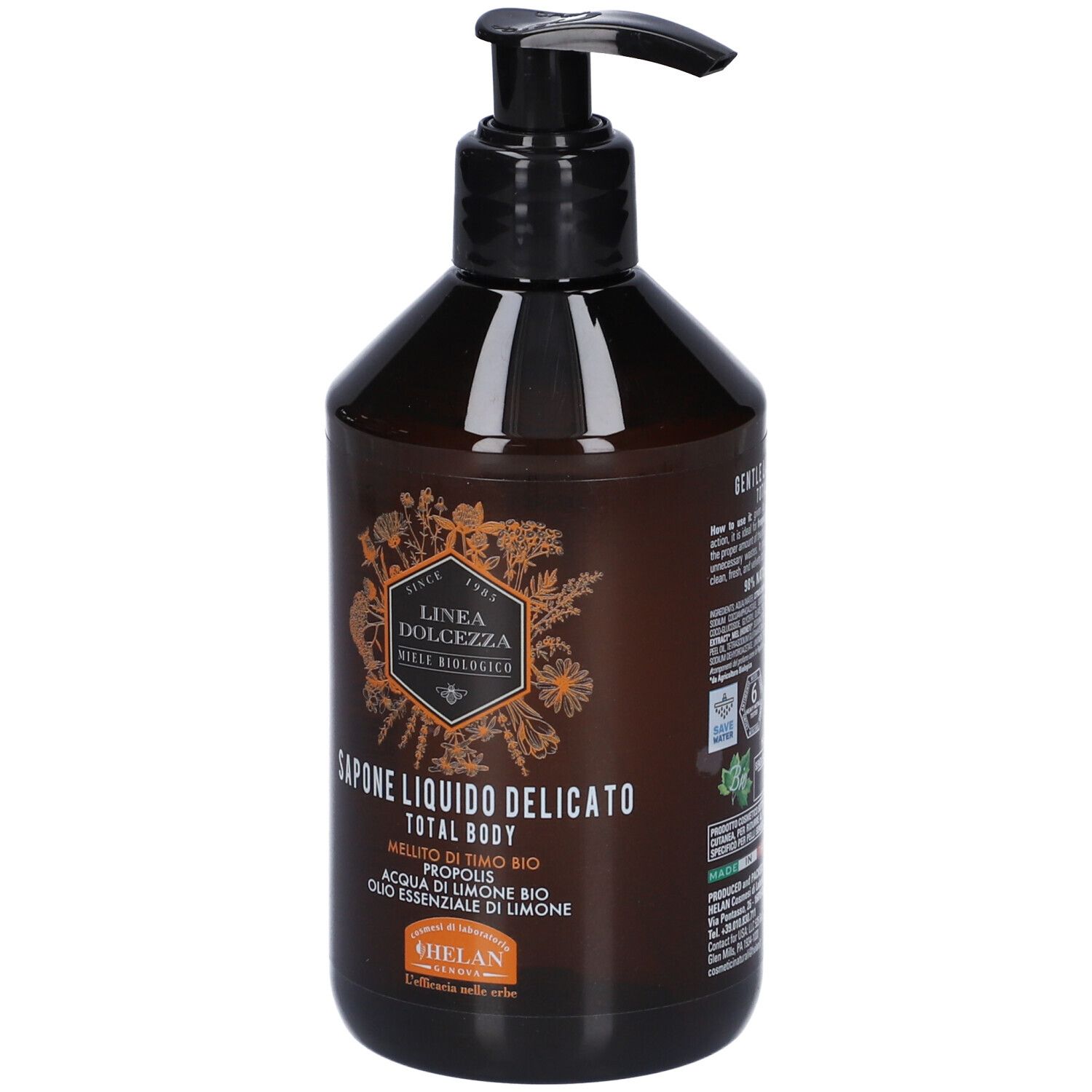 Flacone dispenser marrone con etichetta: "SAPONE LIQUIDO DELICATO TOTAL BODY". Contiene miele di timo bio, propoli, acqua di limone bio.