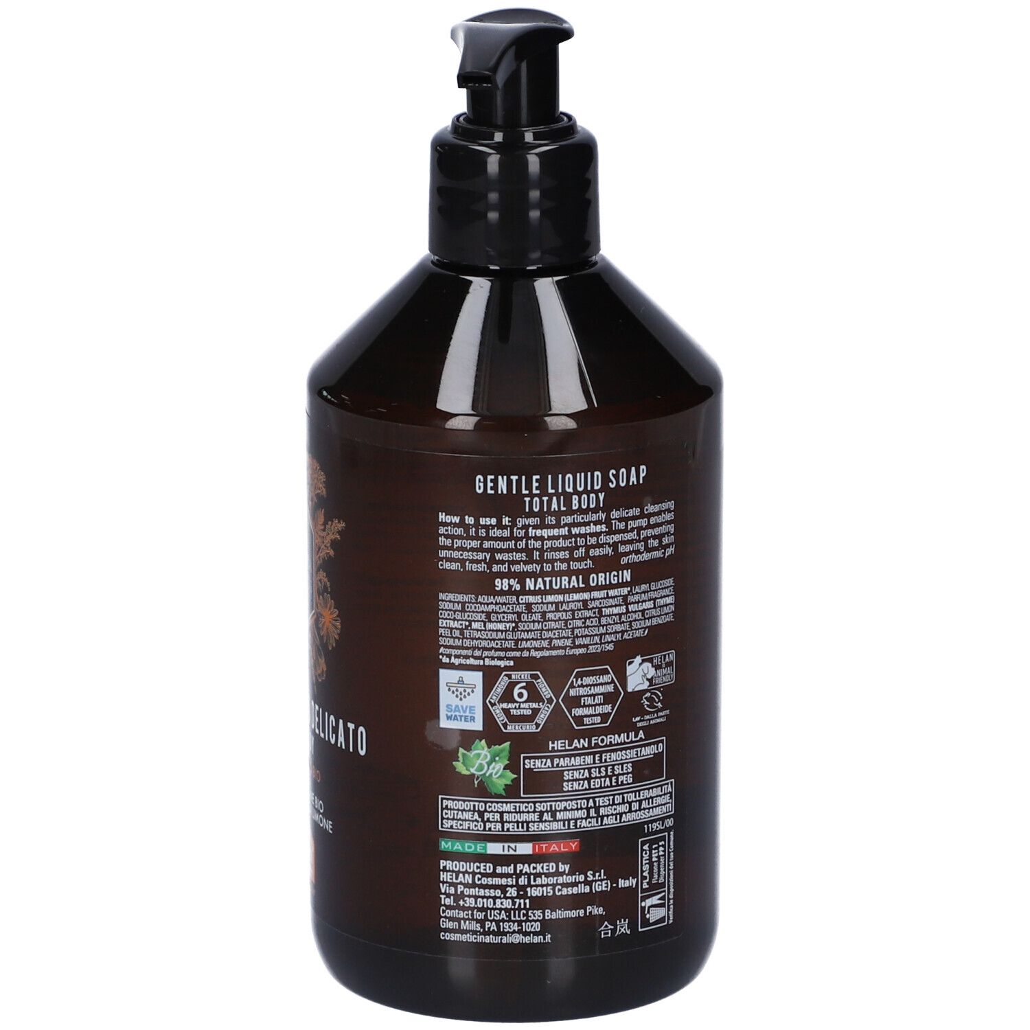 Flacone marrone con pompa di sapone liquido per tutto il corpo. 98% di ingredienti naturali.