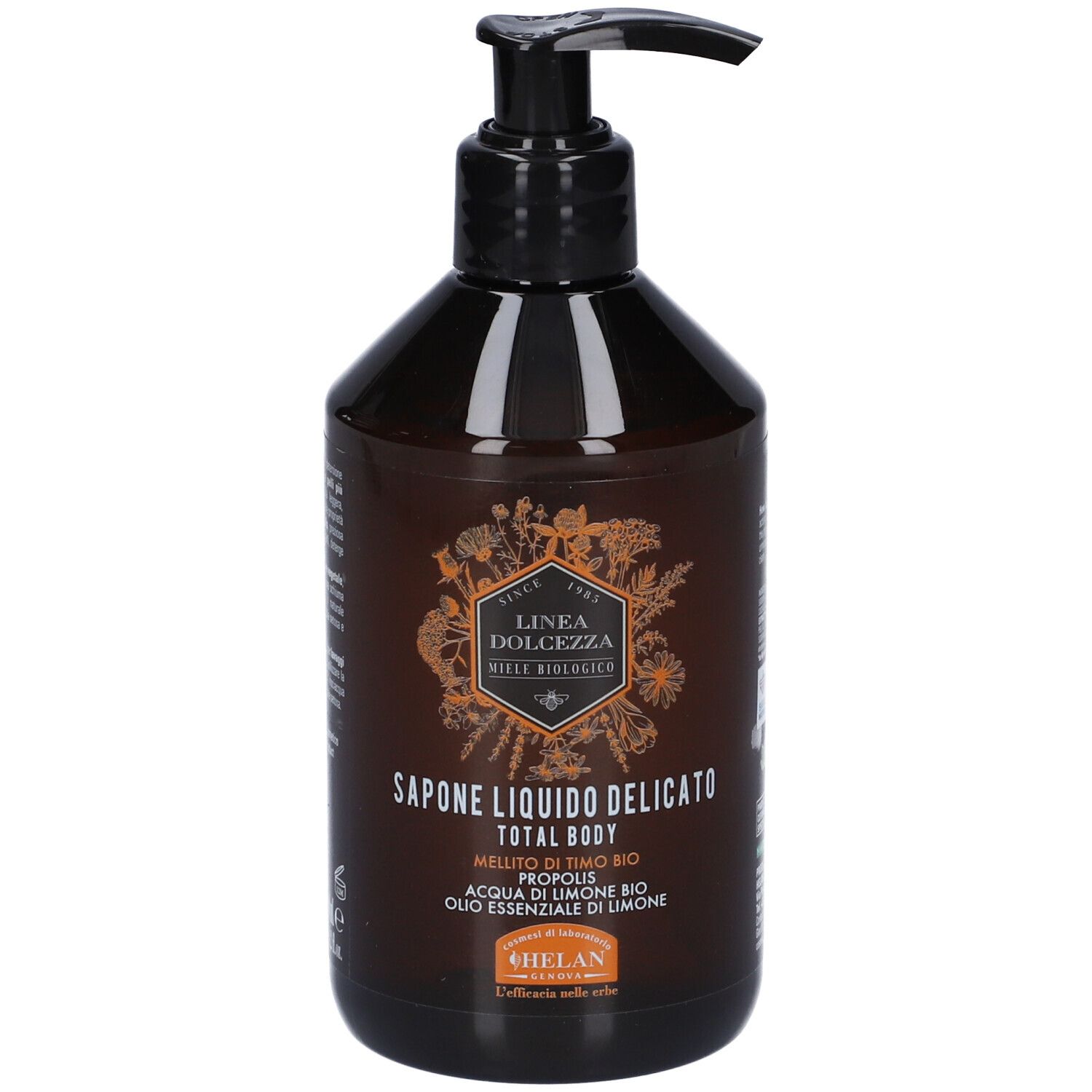 Flacone marrone con pompa, etichetta "Linea Dolcezza Sapone Liquido Delicato Total Body".