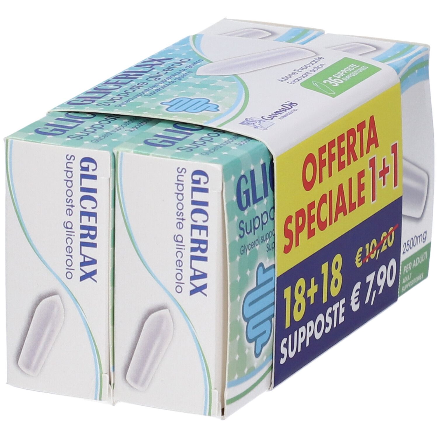 Due confezioni di supposte di glicerina GLICERLAX, 18+18 pezzi, 2500mg per supposta adulta.
