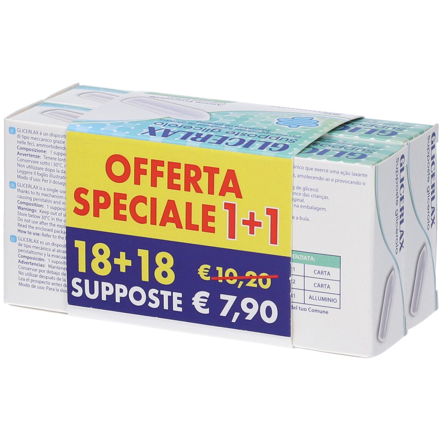Due confezioni di supposte di glicerina GLICERLAX, 18+18 pezzi, 2500mg per supposta adulta.