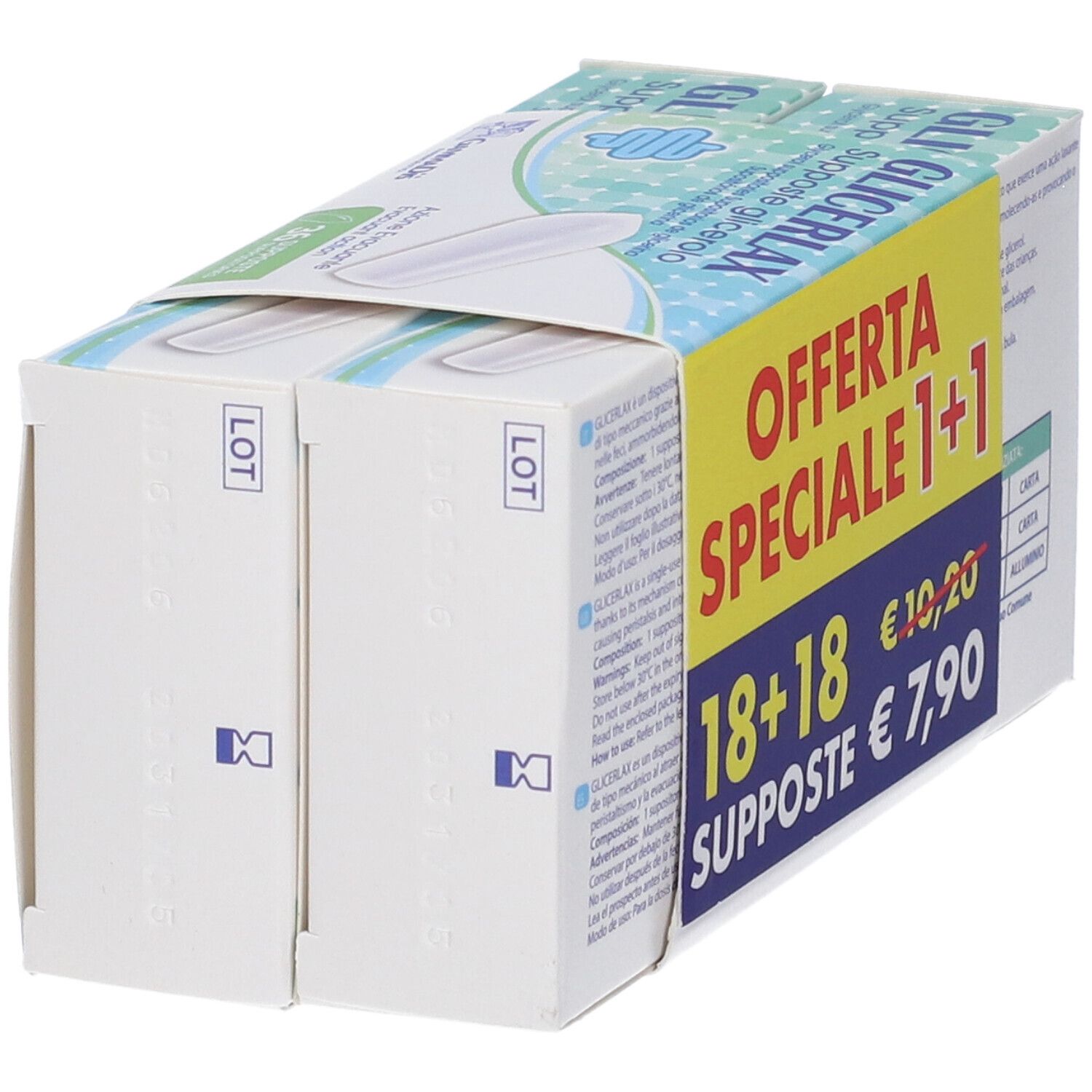 Due confezioni di supposte di glicerina GLICERLAX, 18+18 pezzi, 2500mg per supposta adulta.