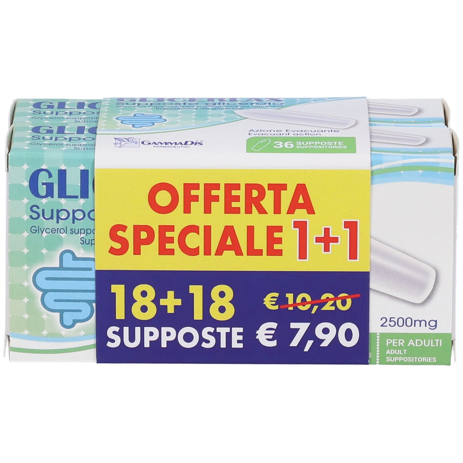 Due confezioni di supposte di glicerina GLICERLAX, 18+18 pezzi, 2500mg per supposta adulta.