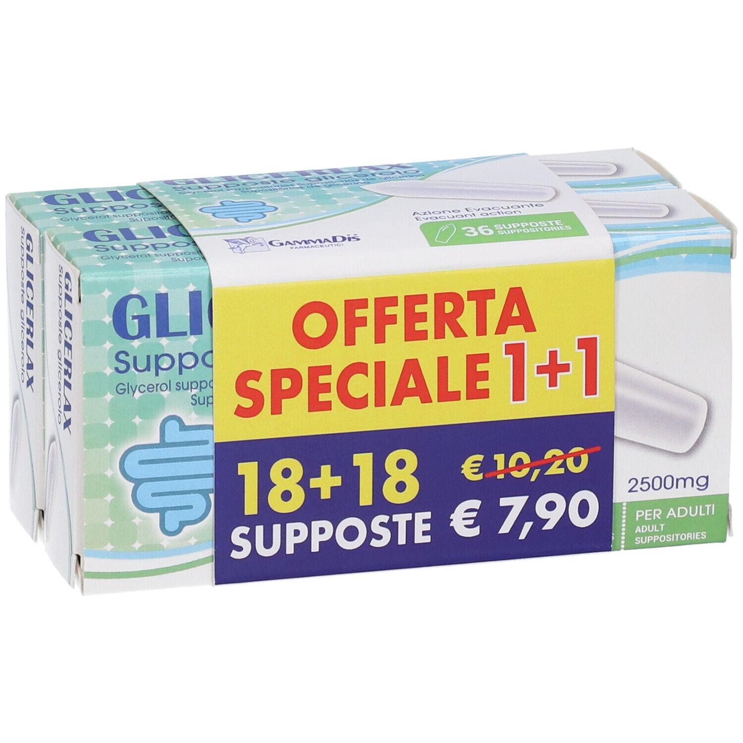 Due confezioni di supposte di glicerina GLICERLAX, 18+18 pezzi, 2500mg per supposta adulta.