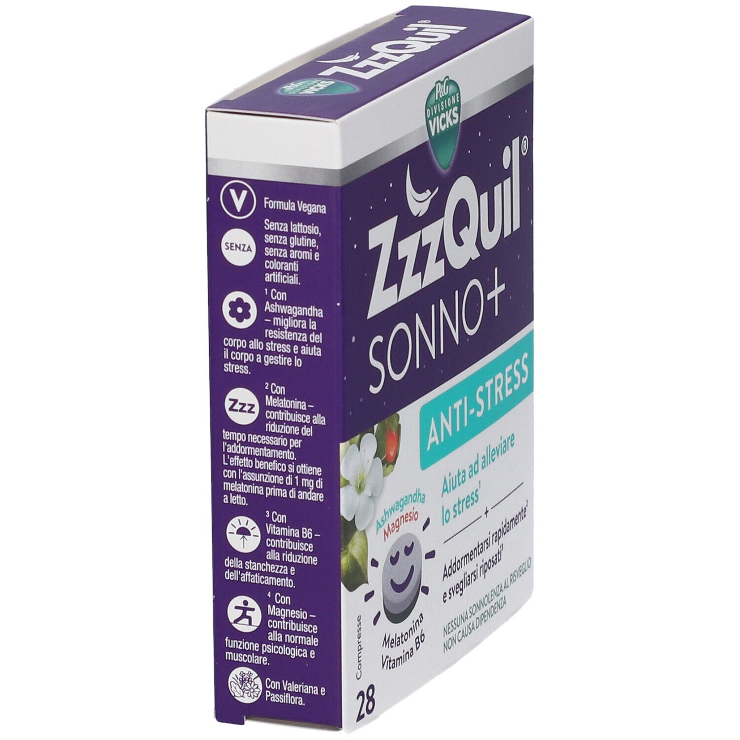 Scatola ZzzQuil SONNO+ angolata. Confezione viola con testo bianco. Contiene melatonina, vitamina B6, Ashwagandha e magnesio. 28 compresse.