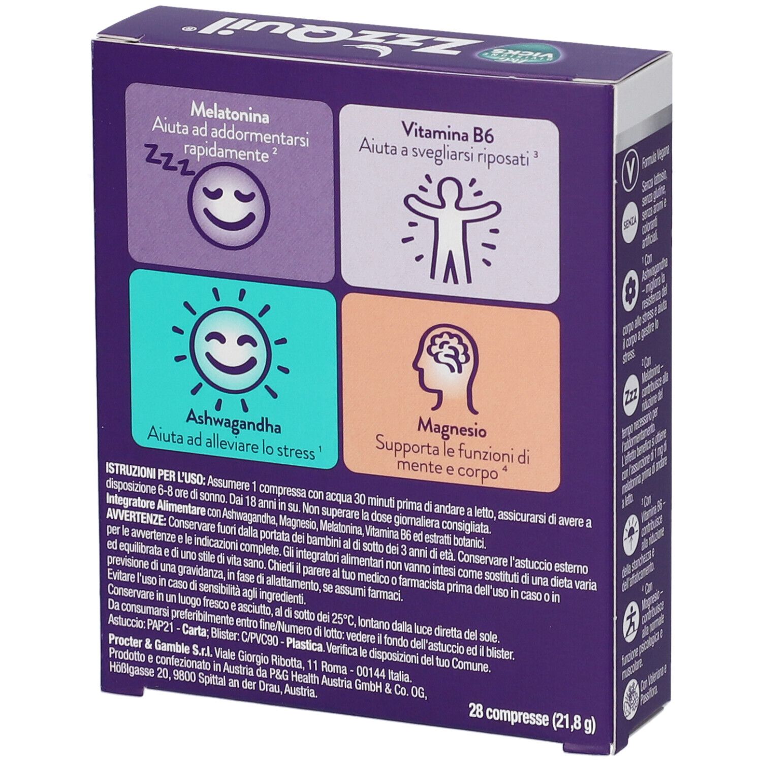 Retro della scatola ZzzQuil SONNO+. Contiene informazioni su melatonina, vitamina B6, Ashwagandha e magnesio. 28 compresse.