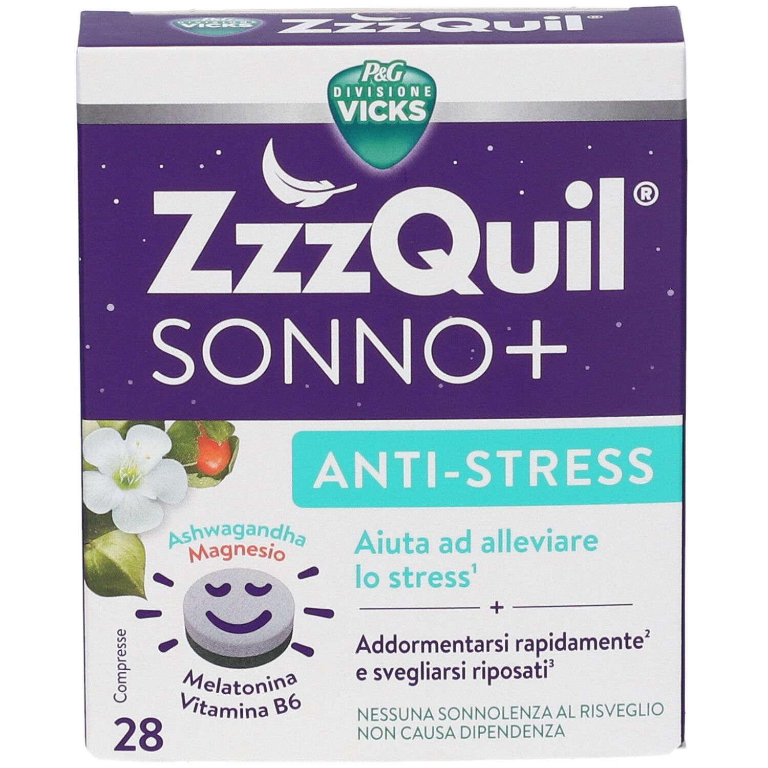 Scatola ZzzQuil SONNO+. Confezione viola con testo bianco. Contiene melatonina, vitamina B6, Ashwagandha e magnesio. 28 compresse.
