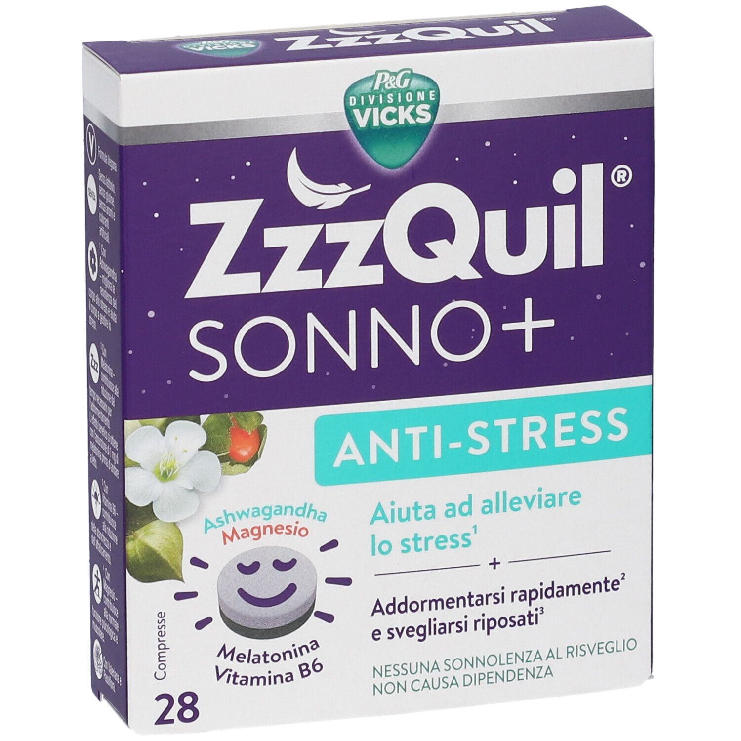 Scatola ZzzQuil SONNO+. Confezione viola con testo bianco. Contiene melatonina, vitamina B6, Ashwagandha e magnesio. 28 compresse.