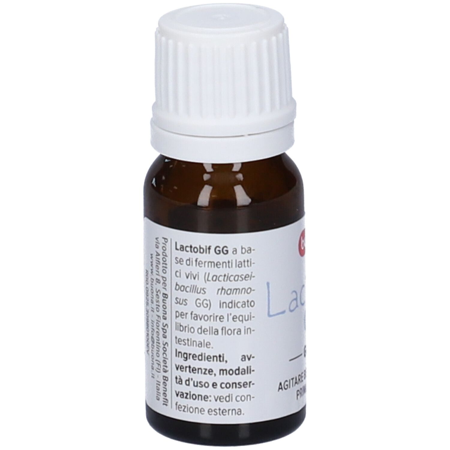 Flacone con descrizione dettagliata del prodotto sull'etichetta, inclusi gli ingredienti.
