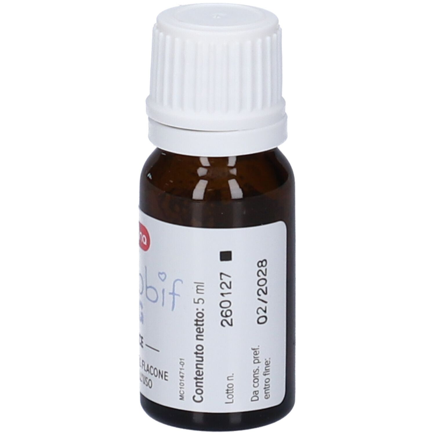 Flacone con indicazione di 5 ml di contenuto e numero di lotto sull'etichetta.