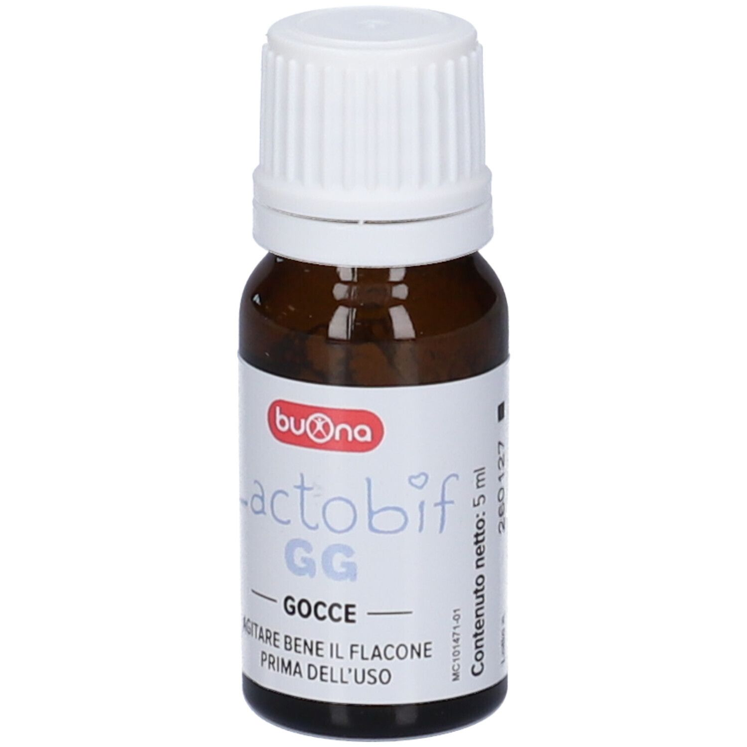 Flacone con etichetta che mostra 'Lactobif GG GOCCE' e 5 ml di contenuto.