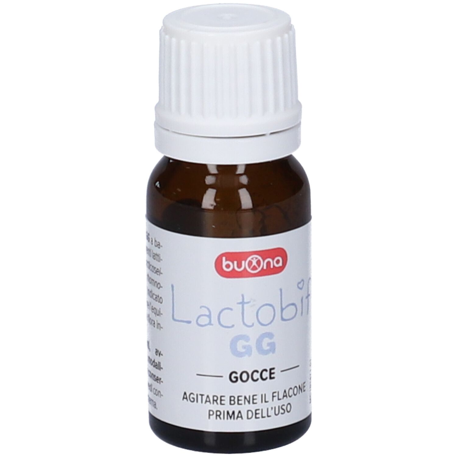 Flacone con etichetta che mostra 'Lactobif GG GOCCE' e istruzioni per l'uso.