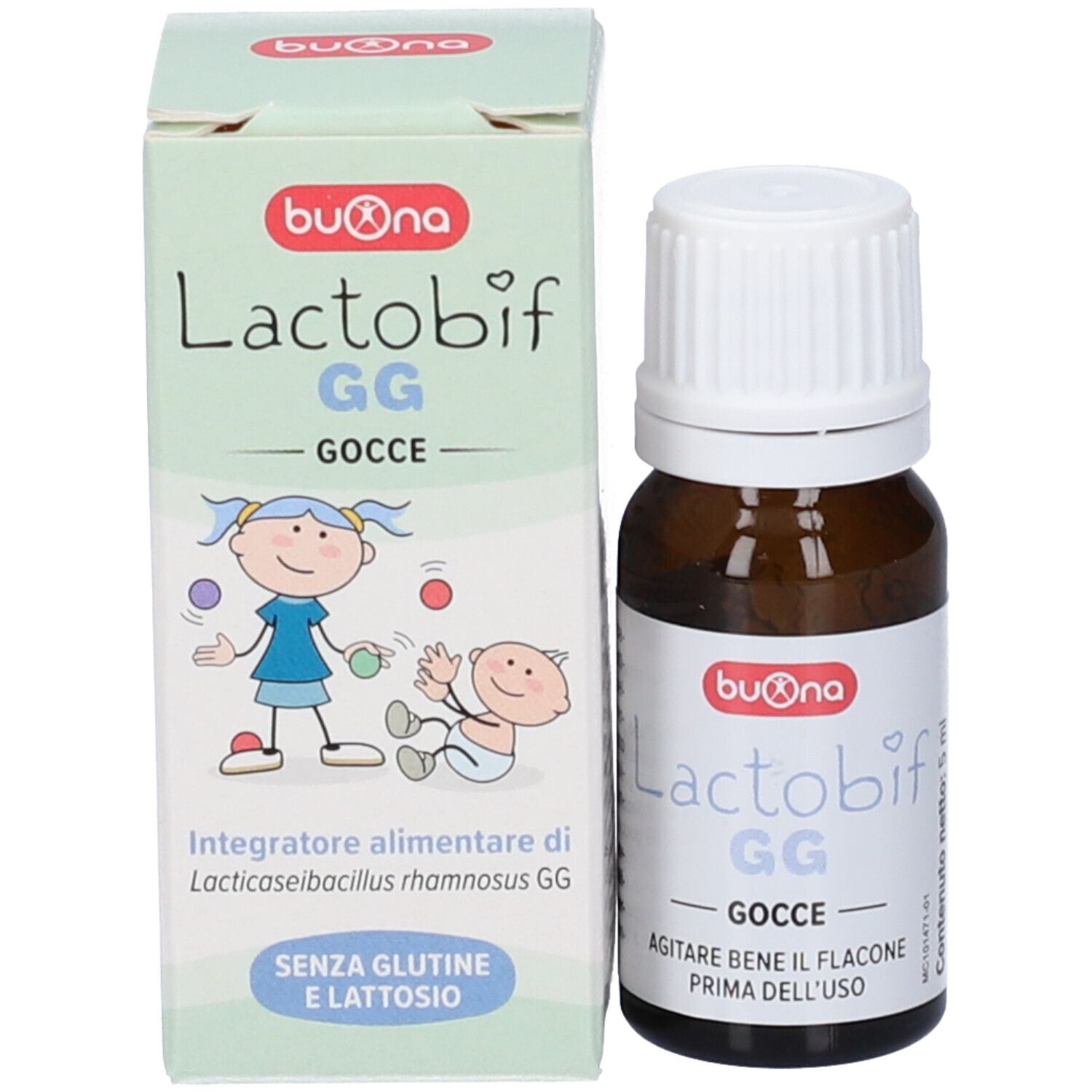 Flacone e confezione con illustrazioni di bambini, nome del prodotto e 'Senza Glutine Senza Lattosio'.