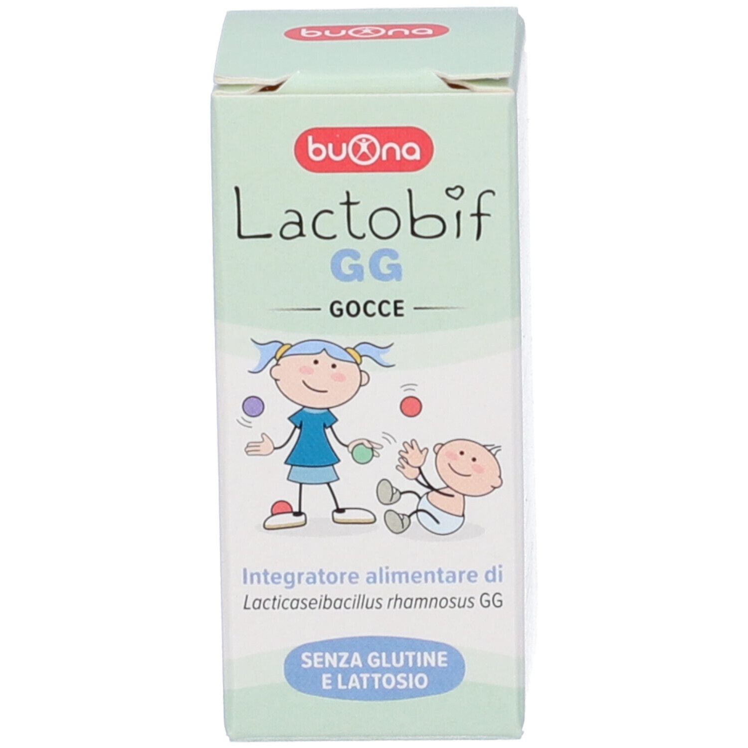 Confezione con illustrazioni di bambini, nome del prodotto e 'Senza Glutine Senza Lattosio'.
