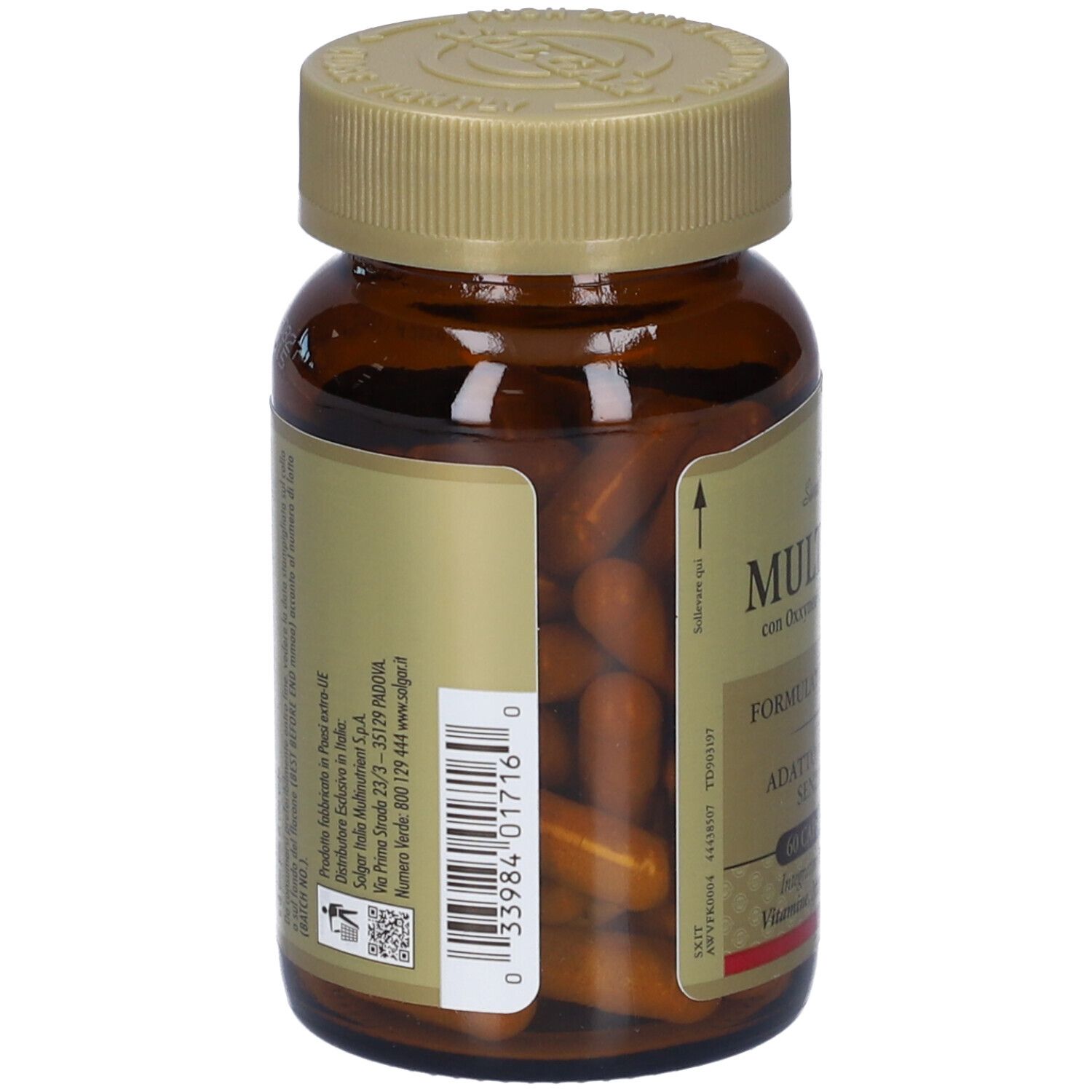 Flacone di vetro marrone con capsule. Etichetta laterale con codice a barre e informazioni. Marca: Solgar.