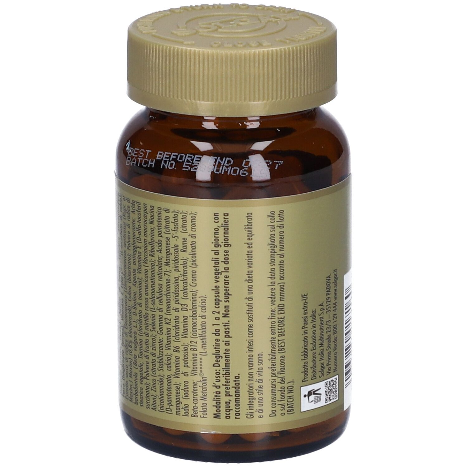 Retro del flacone di vetro marrone con capsule. Informazioni testuali e data di scadenza. Marca: Solgar.