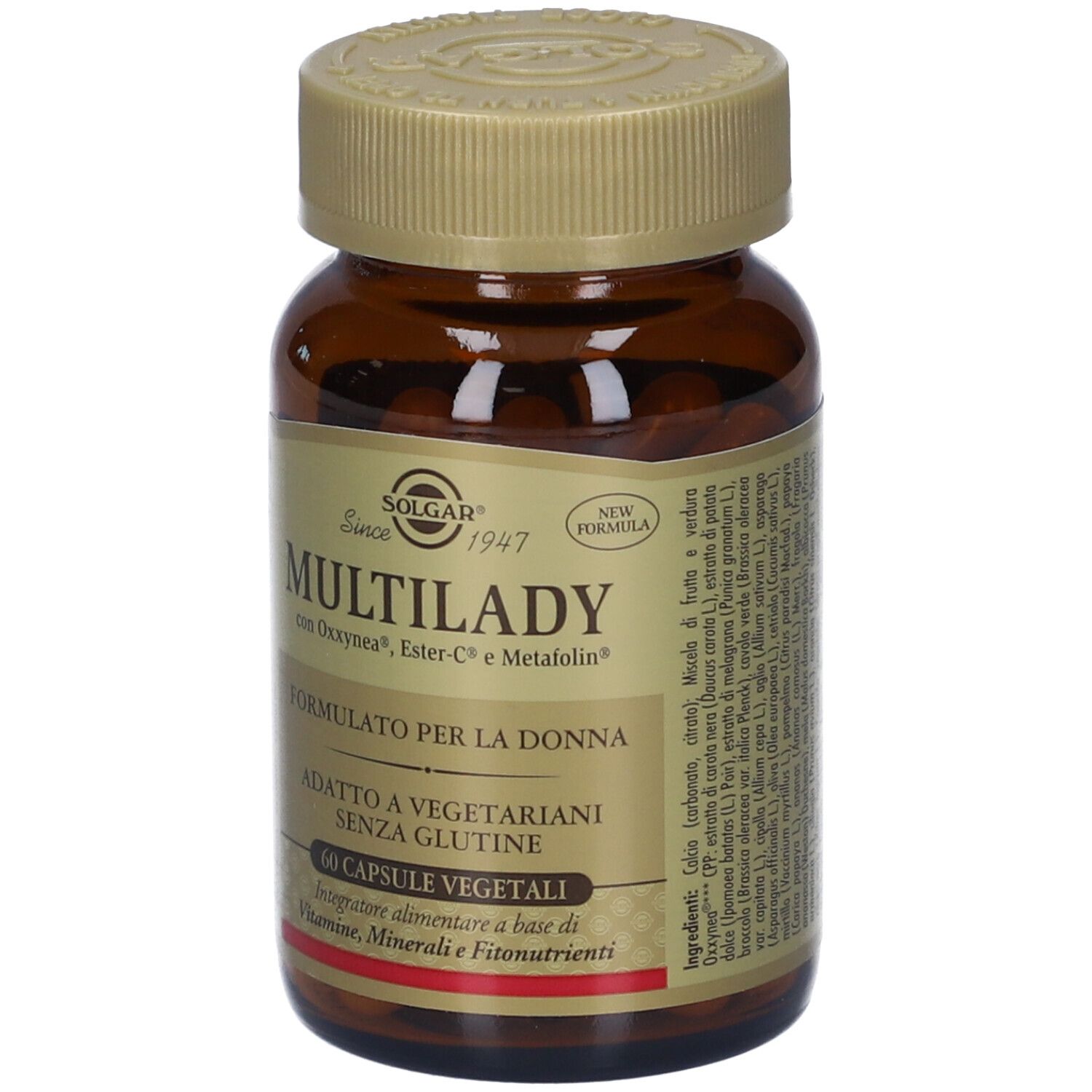 Flacone di vetro marrone con capsule. Scritta: MULTILADY, 60 capsule vegetali. Marca: Solgar. Elenco ingredienti.