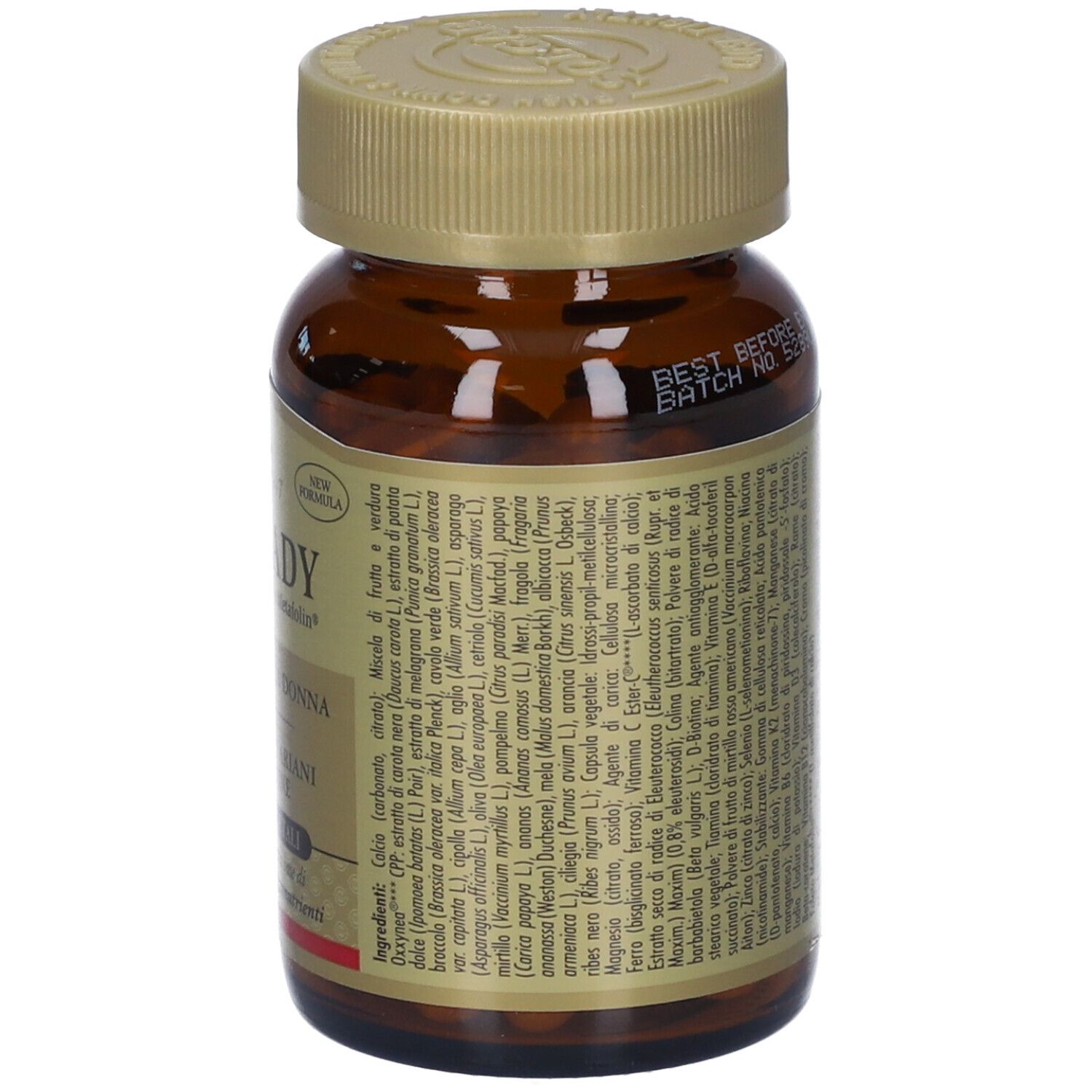 Flacone di vetro marrone con capsule. Scritta: MULTILADY, 60 capsule vegetali. Marca: Solgar. Elenco ingredienti.