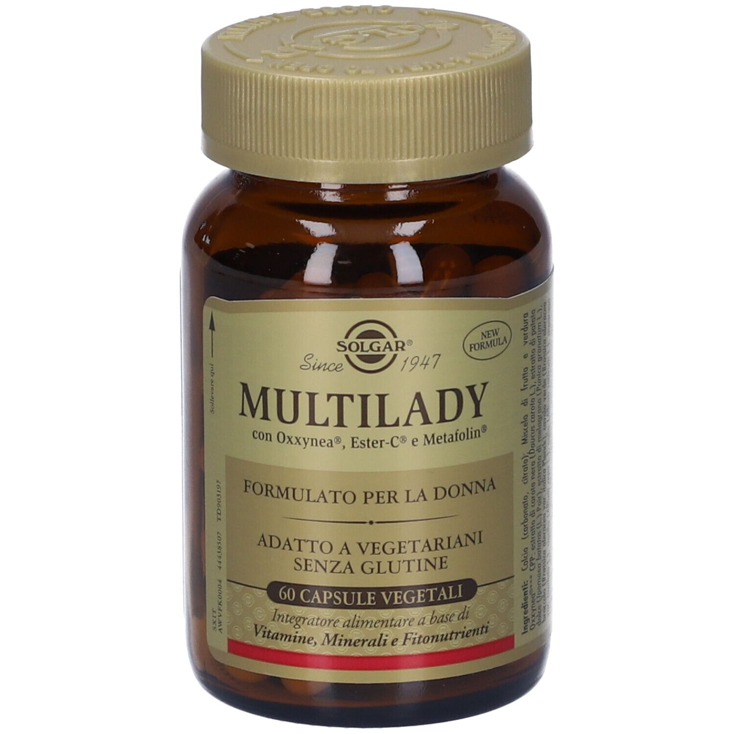 Flacone di vetro marrone con capsule. Scritta: MULTILADY, 60 capsule vegetali. Marca: Solgar.