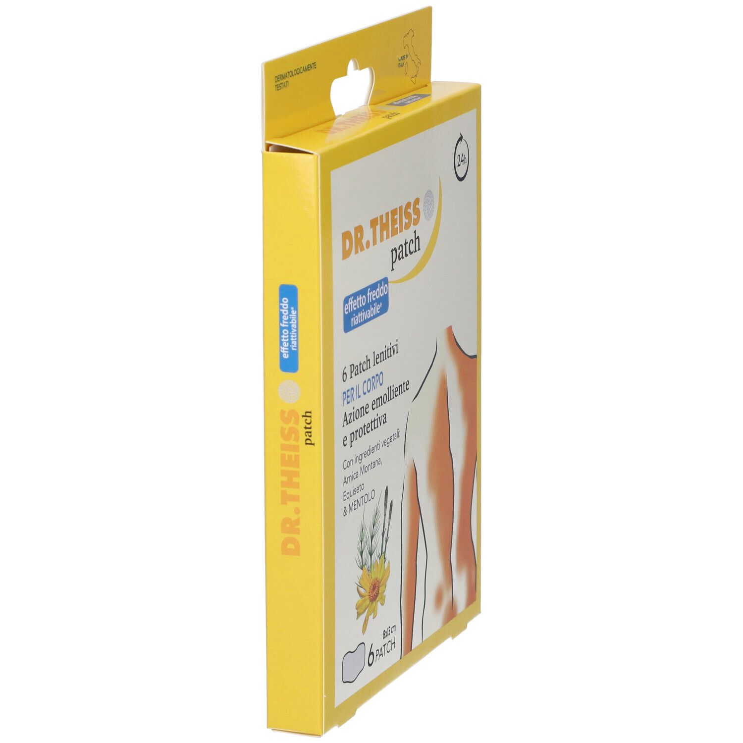 Scatola gialla, vista laterale. Scritto: DR. THEISS patch. Illustrazione di una schiena. 6 patch.