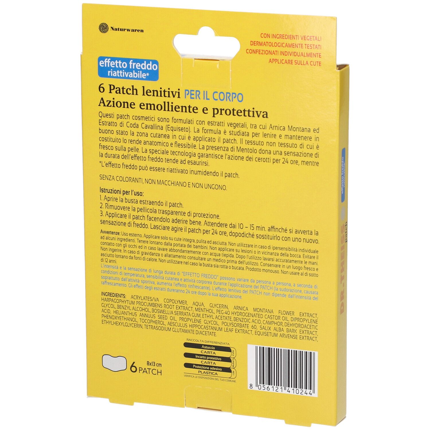 Retro della scatola gialla. Testo in italiano. 6 patch. Ingredienti.