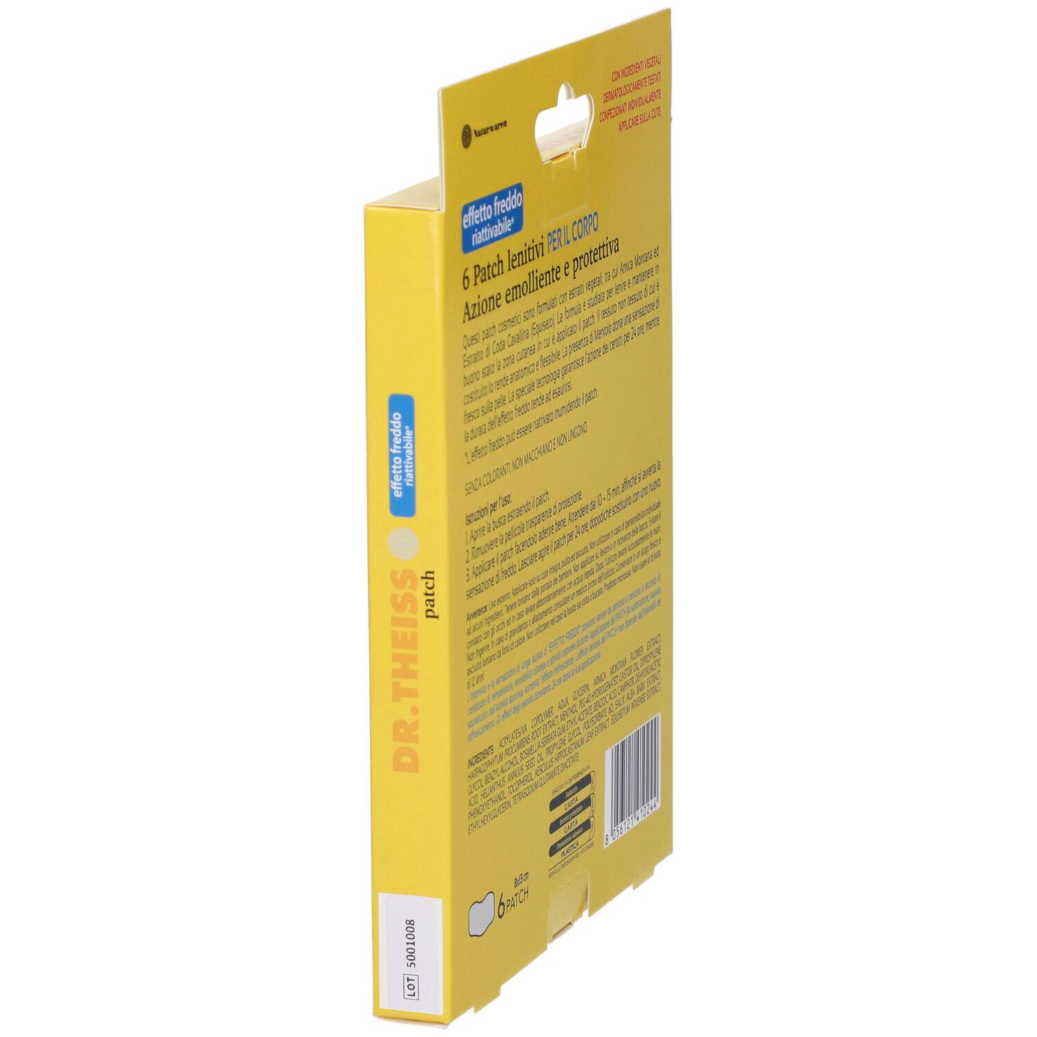 Scatola gialla, vista laterale. Testo in italiano. 6 patch. Data di scadenza.