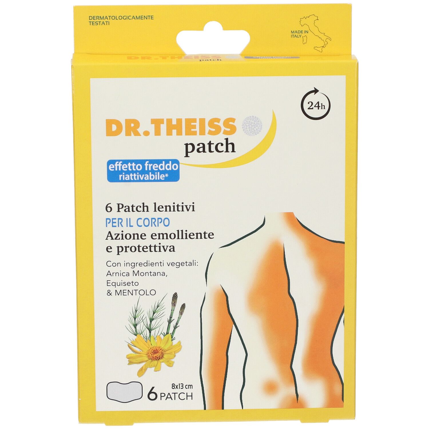 Scatola gialla con stampa del prodotto. Scritto: DR. THEISS patch, 6 patch, 8x3 cm. Illustrazione di una schiena.