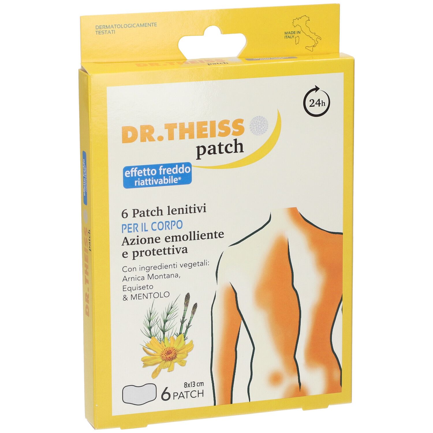 Scatola gialla con stampa del prodotto. Scritto: DR. THEISS patch, 6 patch, 8x3 cm. Illustrazione di una schiena.
