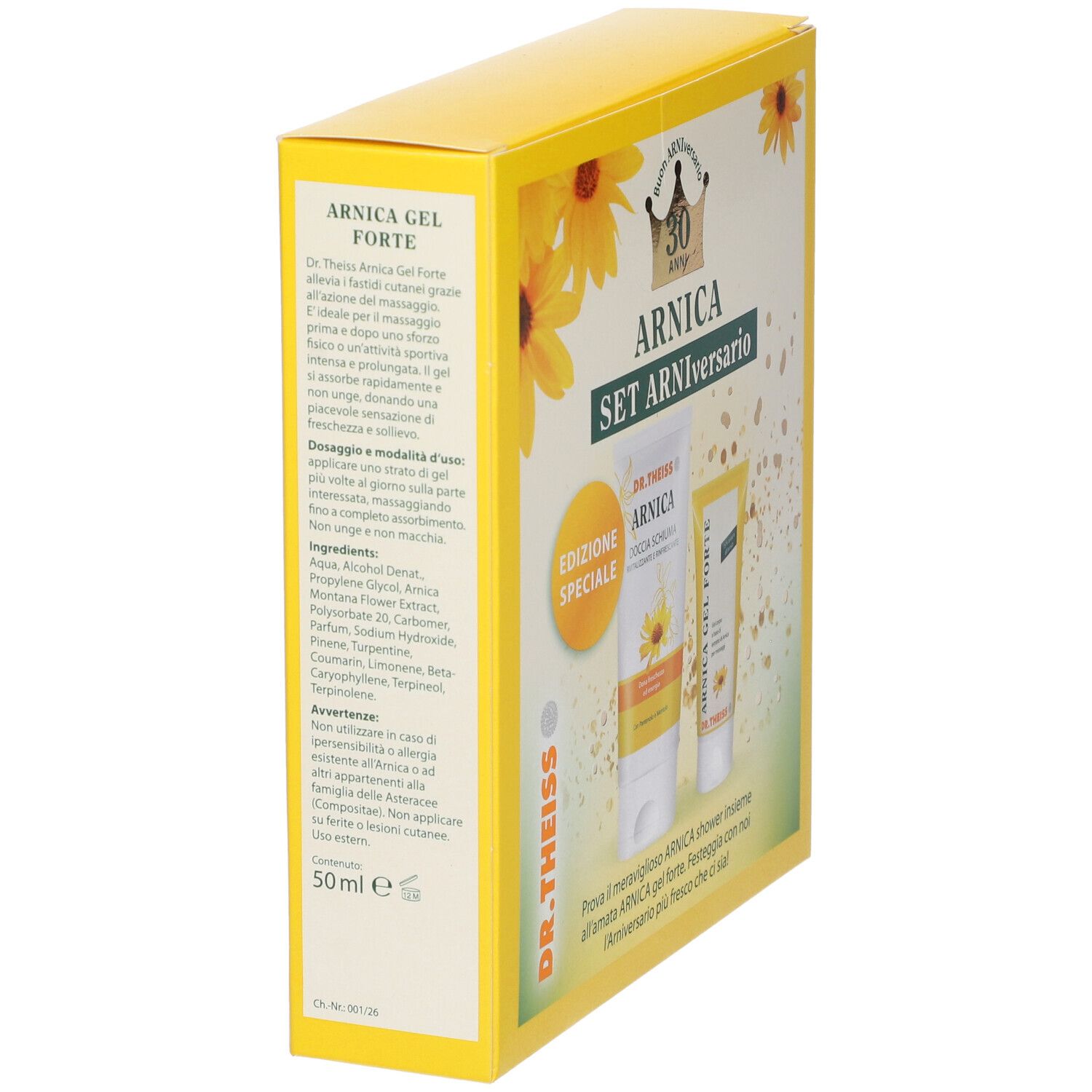 Scatola gialla, vista laterale. Scritta: Arnica Gel Forte, Dr. Theiss. Contiene 50 ml. Con testo e decorazione con girasoli.