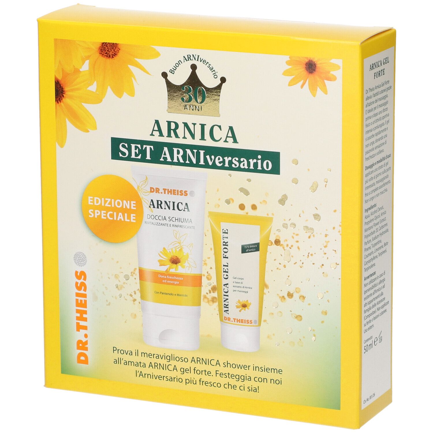 Set gel e doccia gel in scatola gialla. Scritta: Arnica Set Arniversario. Marchio: Dr. Theiss. Decorazione con girasoli.