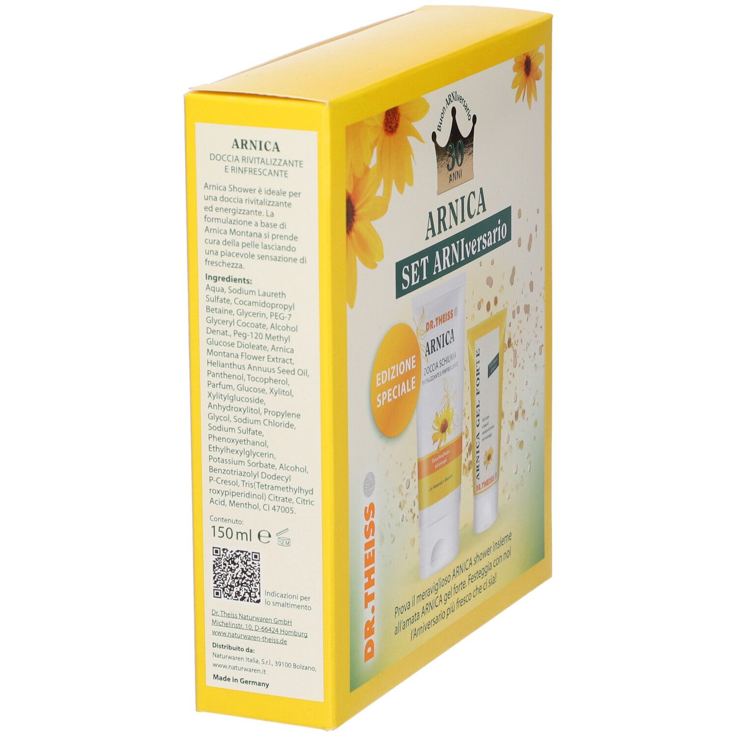 Scatola gialla, vista laterale. Scritta: Arnica Duschgel, Dr. Theiss. Contiene 150 ml. Con testo e decorazione con girasoli.
