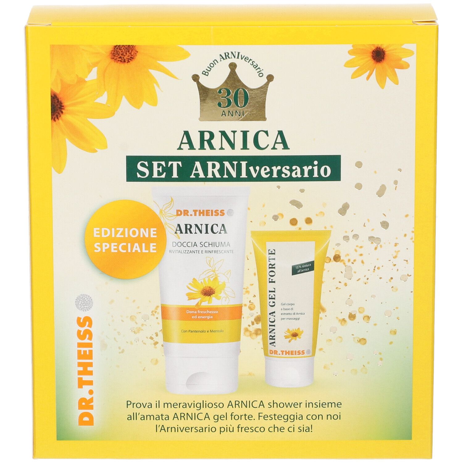 Set gel e doccia gel in scatola gialla. Scritta: Arnica Set Arniversario. Marchio: Dr. Theiss. Decorazione con girasoli.