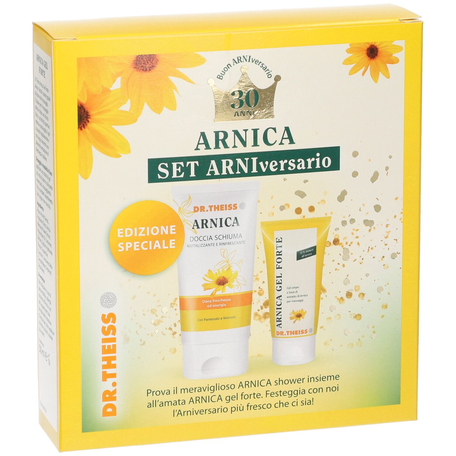 Set gel e doccia gel in scatola gialla. Scritta: Arnica Set Arniversario. Marchio: Dr. Theiss. Decorazione con girasoli.