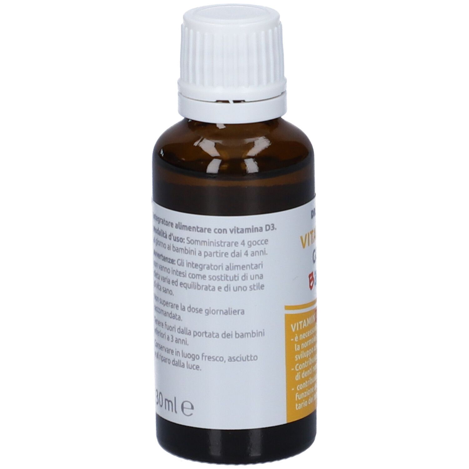 Flacone di vetro marrone con tappo bianco. Etichetta con informazioni sul prodotto. Vitamin D3 Gocce Bambini, dai 4 anni.