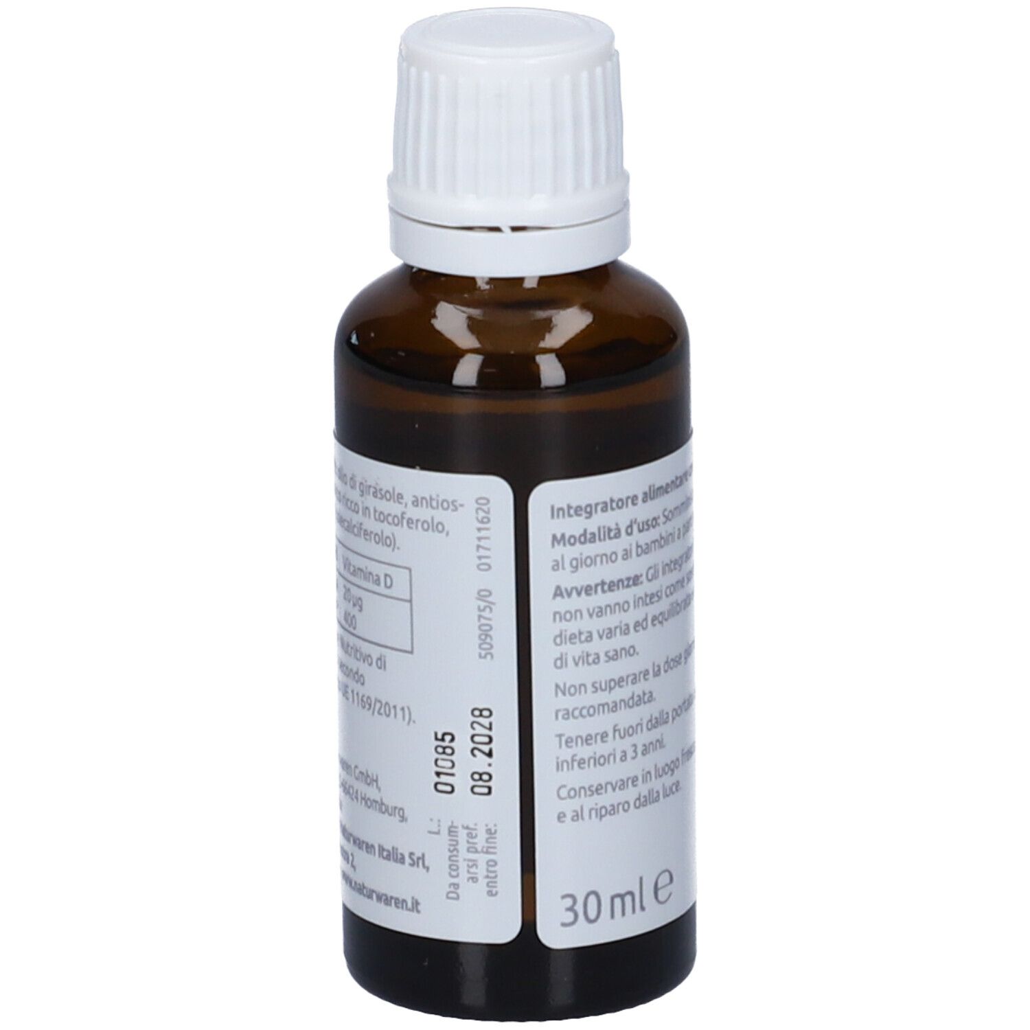 Flacone di vetro marrone con tappo bianco. Etichetta con informazioni e data di scadenza. Vitamin D3 Gocce Bambini.