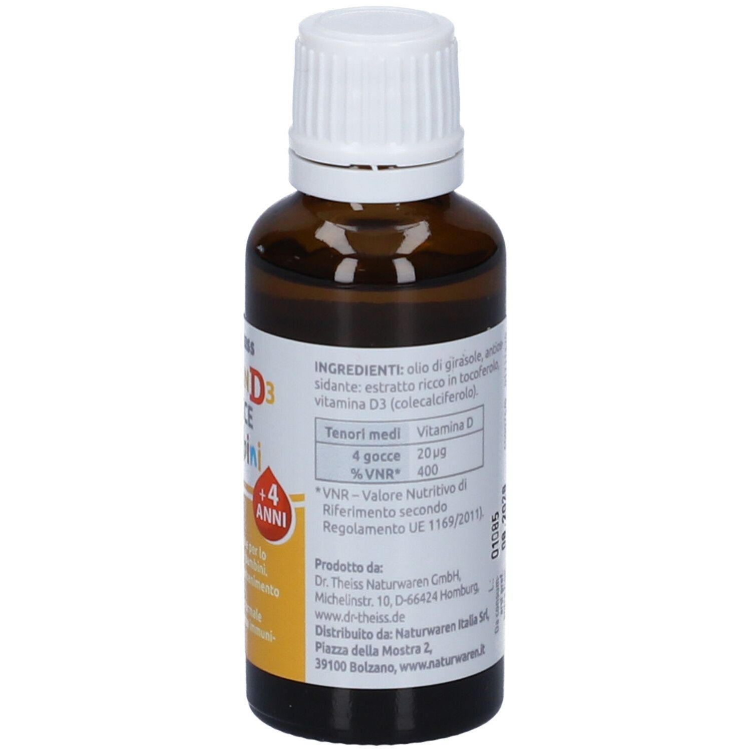 Flacone di vetro marrone con tappo bianco. Etichetta con ingredienti e informazioni nutrizionali. Vitamin D3 Gocce Bambini.