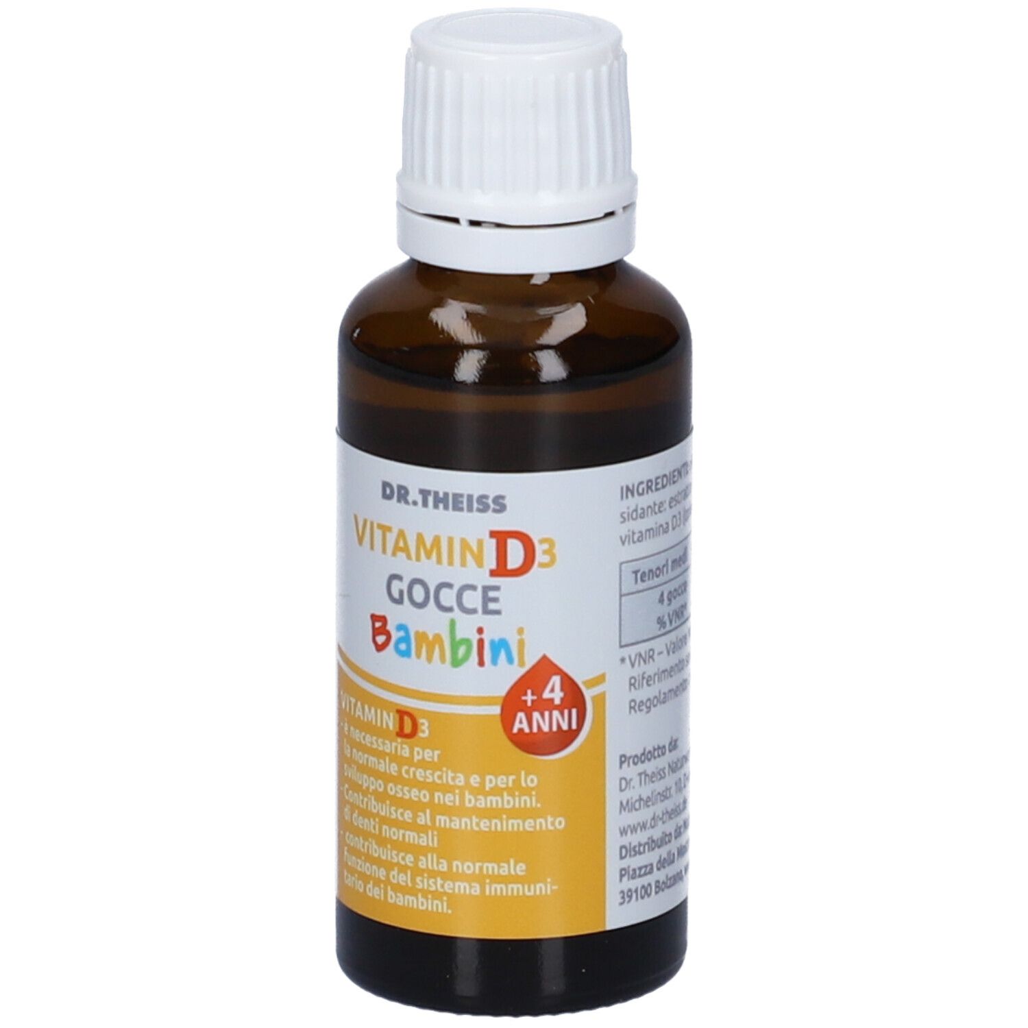 Flacone di vetro marrone con tappo bianco. Etichetta con nome del prodotto e testo. Vitamin D3 Gocce Bambini, dai 4 anni.