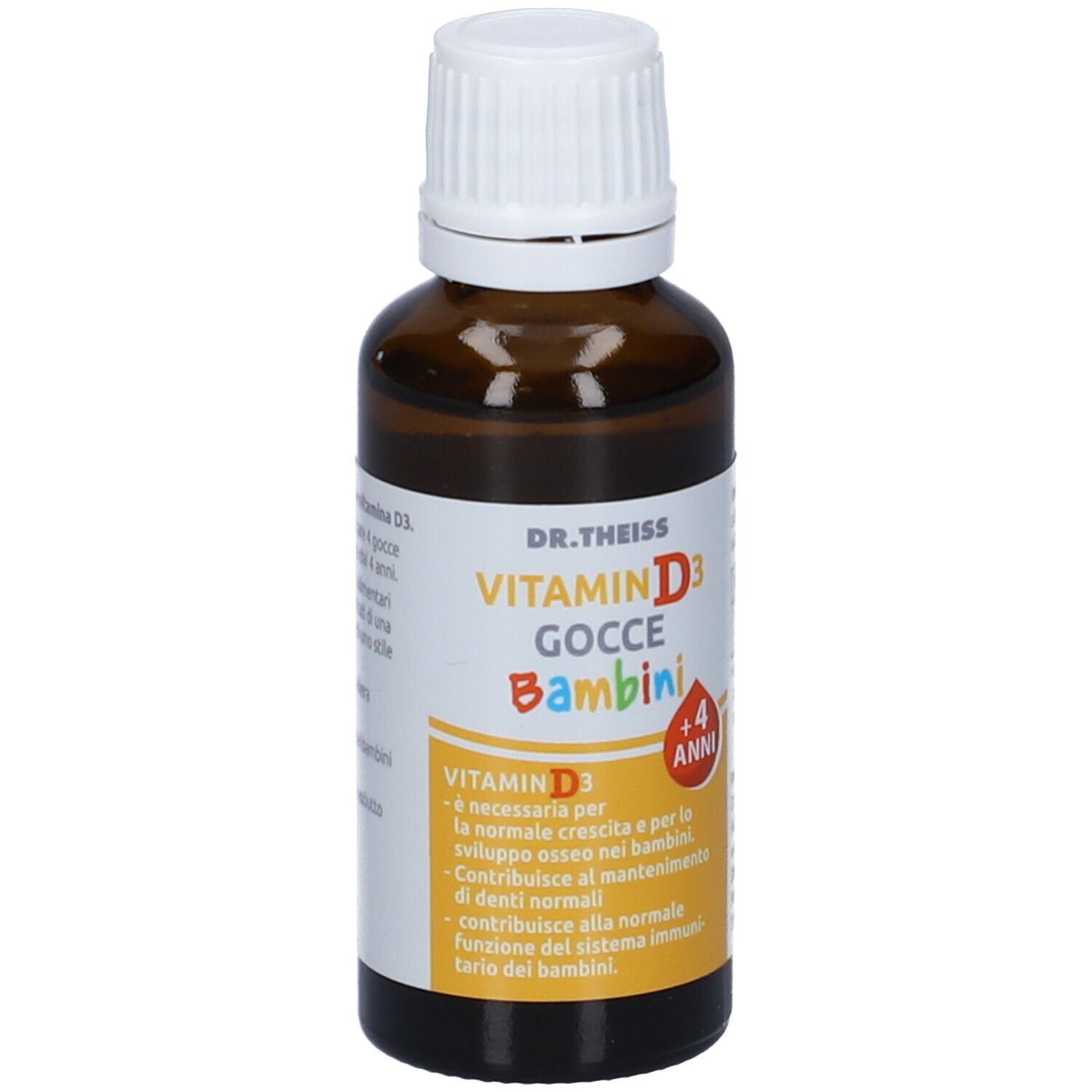 Flacone di vetro marrone con tappo bianco. Etichetta con nome del prodotto e testo. Vitamin D3 Gocce Bambini, dai 4 anni.