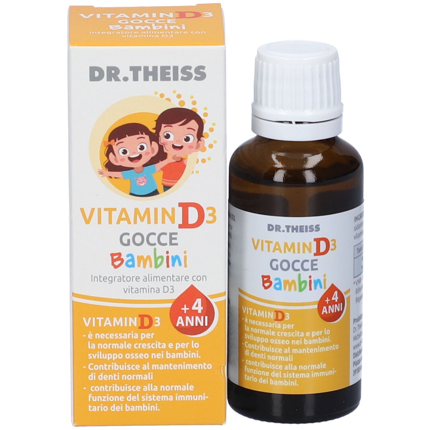 Flacone e confezione del prodotto. Vitamin D3 Gocce Bambini, dai 4 anni. Confezione con illustrazione di bambini.