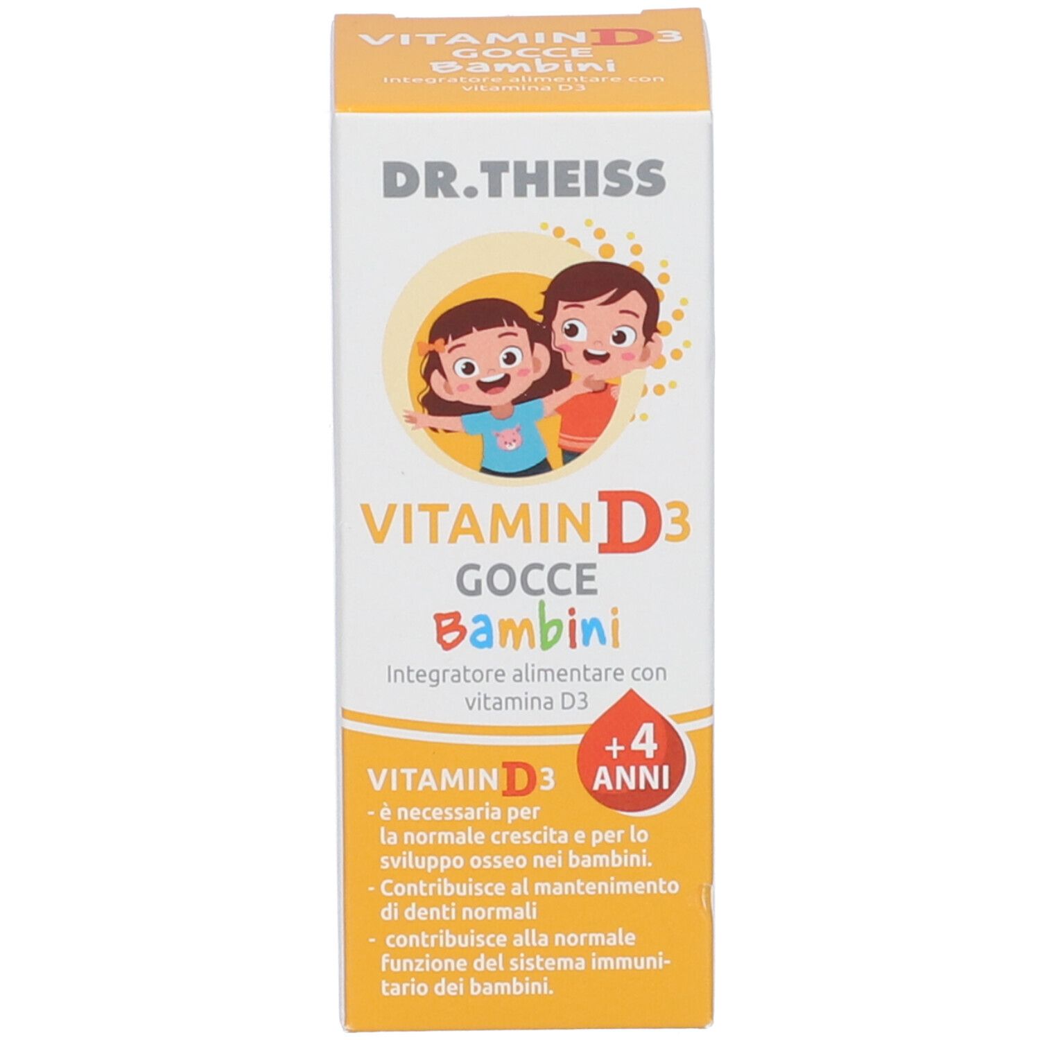 Confezione del prodotto. Vitamin D3 Gocce Bambini, dai 4 anni. Confezione con illustrazione di bambini.