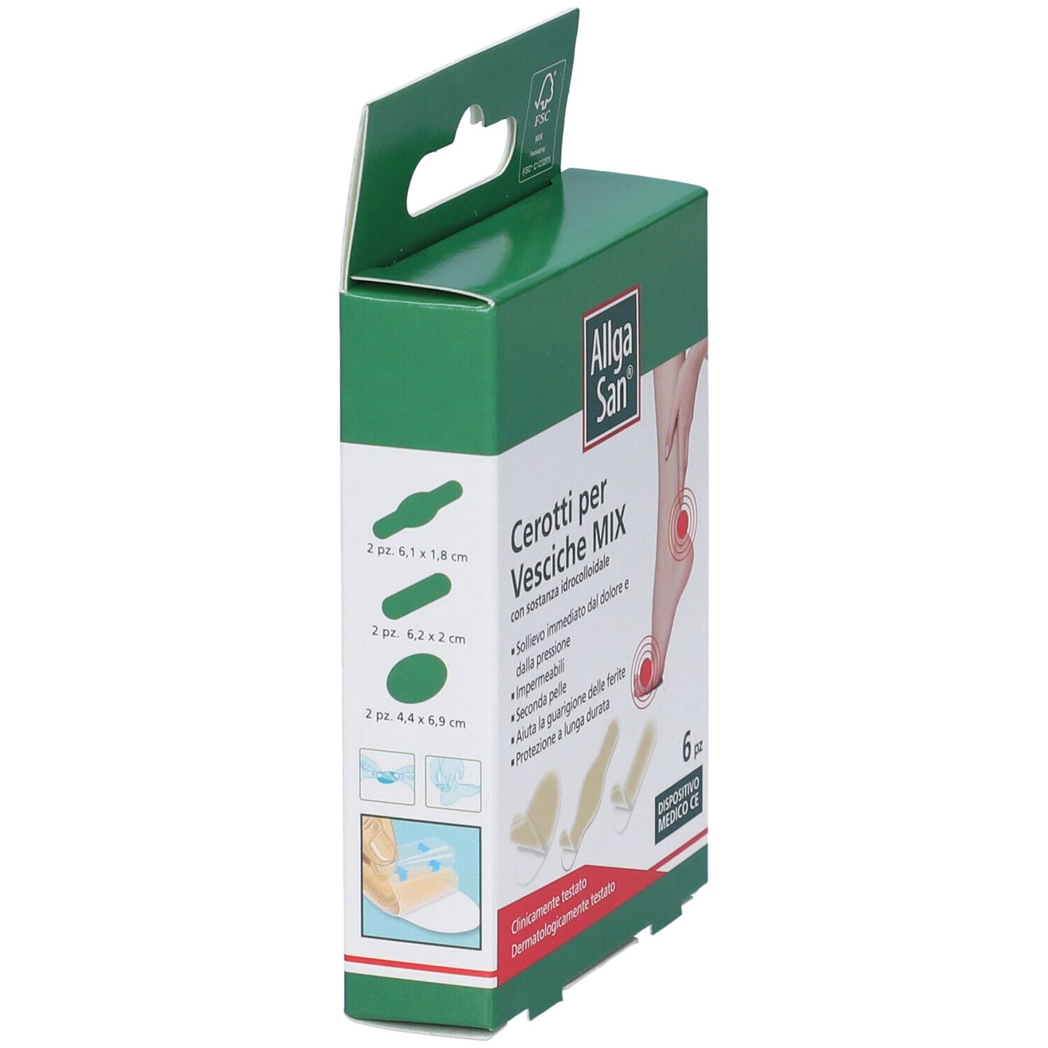 Scatola verde Allgasan Cerotti per Vesciche MIX. Mostra forme e dimensioni cerotti. 6 pezzi.