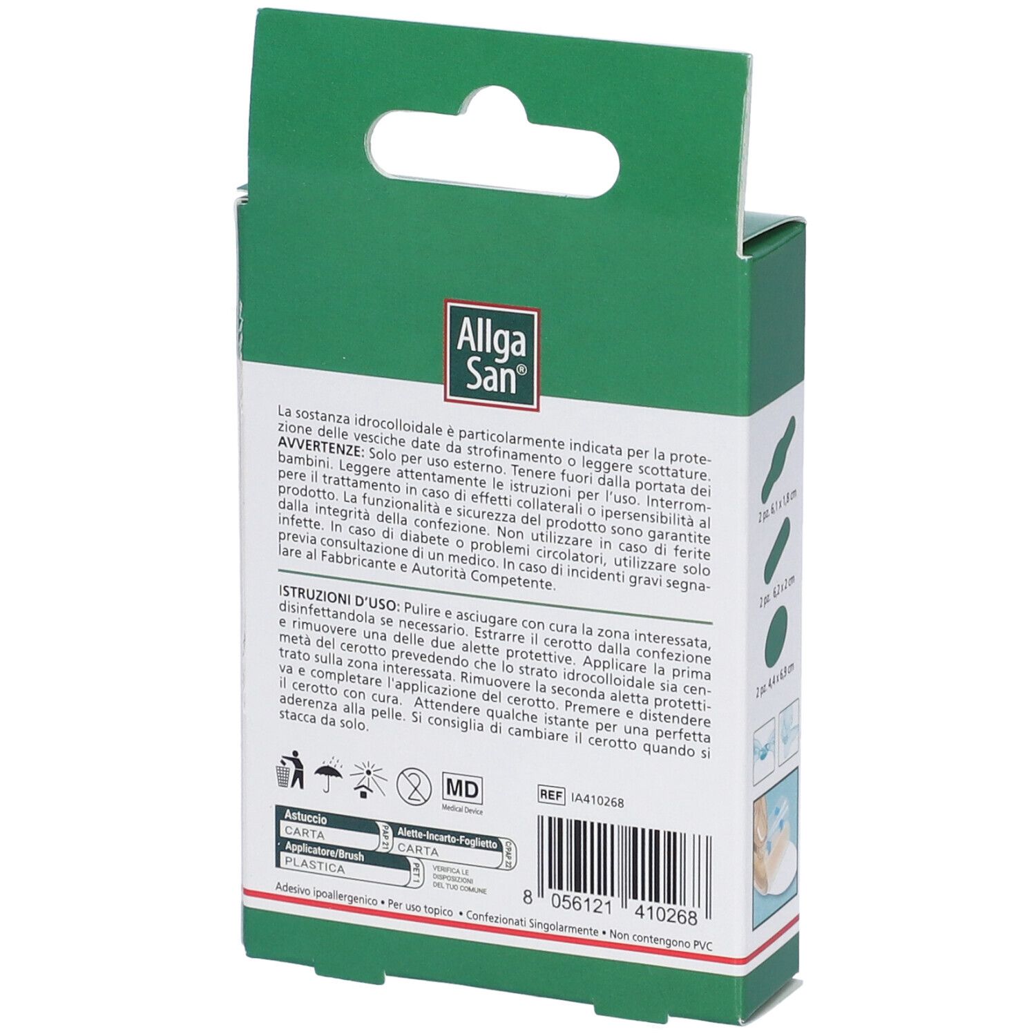 Retro della scatola verde. Contiene informazioni e istruzioni. Illustrazioni cerotti.