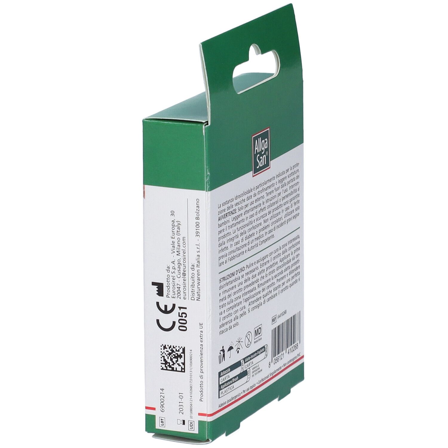 Vista laterale della scatola verde. Mostra informazioni e loghi. Marchio CE.