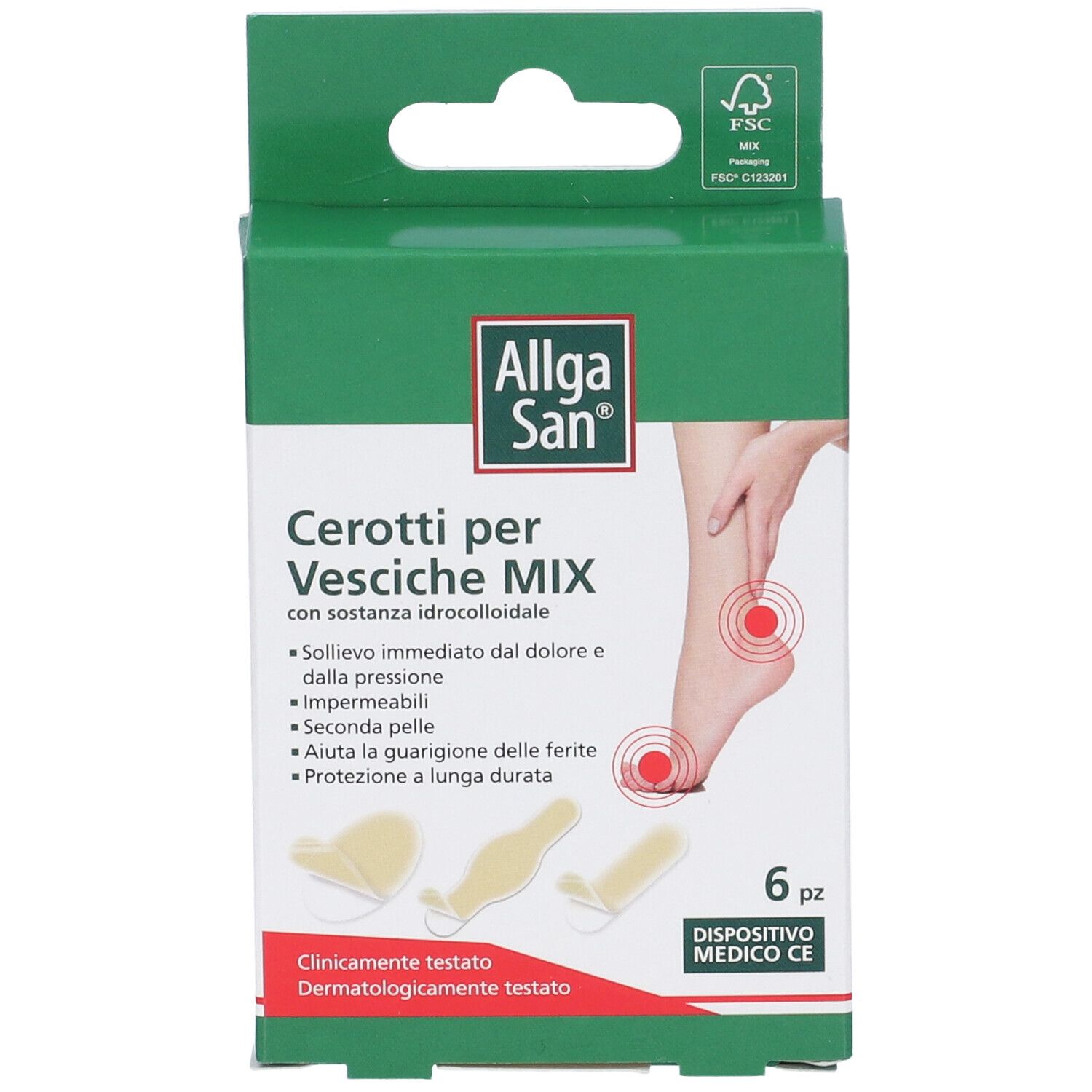 Scatola Allgasan Cerotti per Vesciche MIX, 6 pezzi. Immagine di piede con cerchi rossi. Logo FSC.