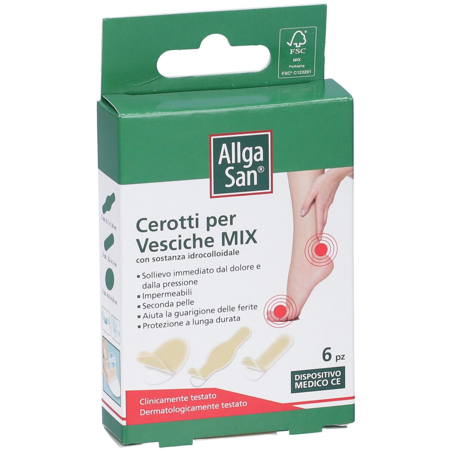 Scatola Allgasan Cerotti per Vesciche MIX, 6 pezzi. Immagine di piede con cerchi rossi. Logo FSC.