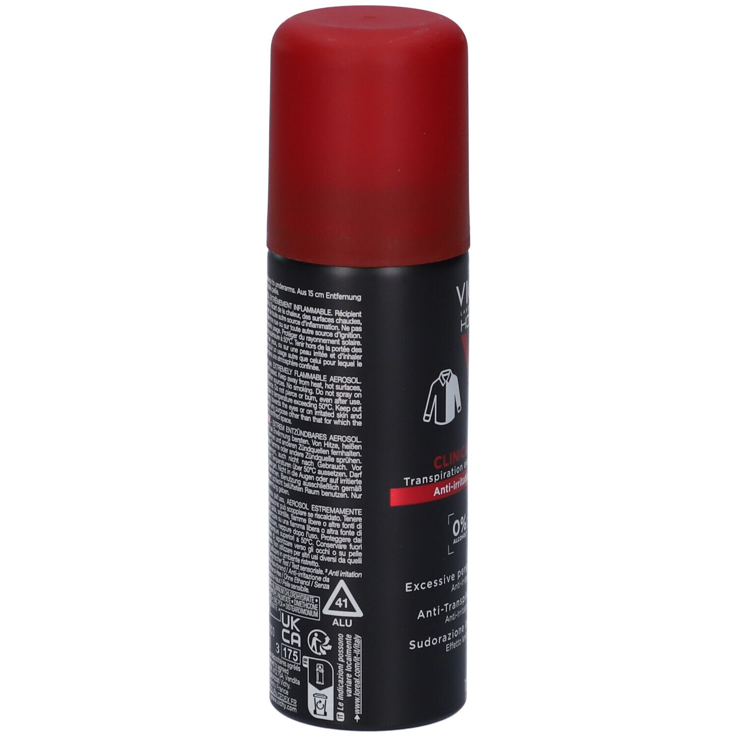 Deodorante aerosol, retro. Flacone nero con testo. Tappo rosso. Logo alluminio. Avvertenze.