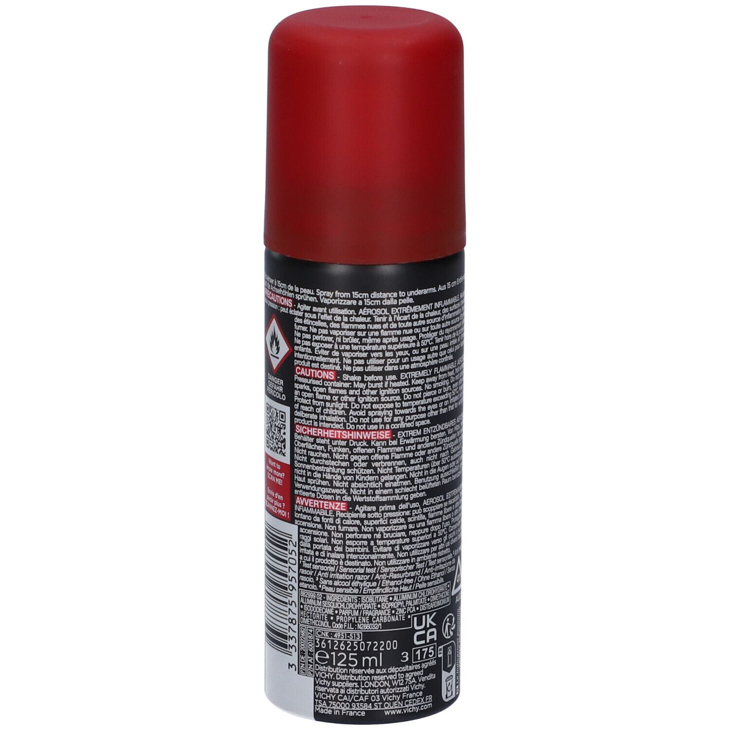 Deodorante aerosol, retro. Flacone nero con testo. Tappo rosso. Avvertenze. 125ml.