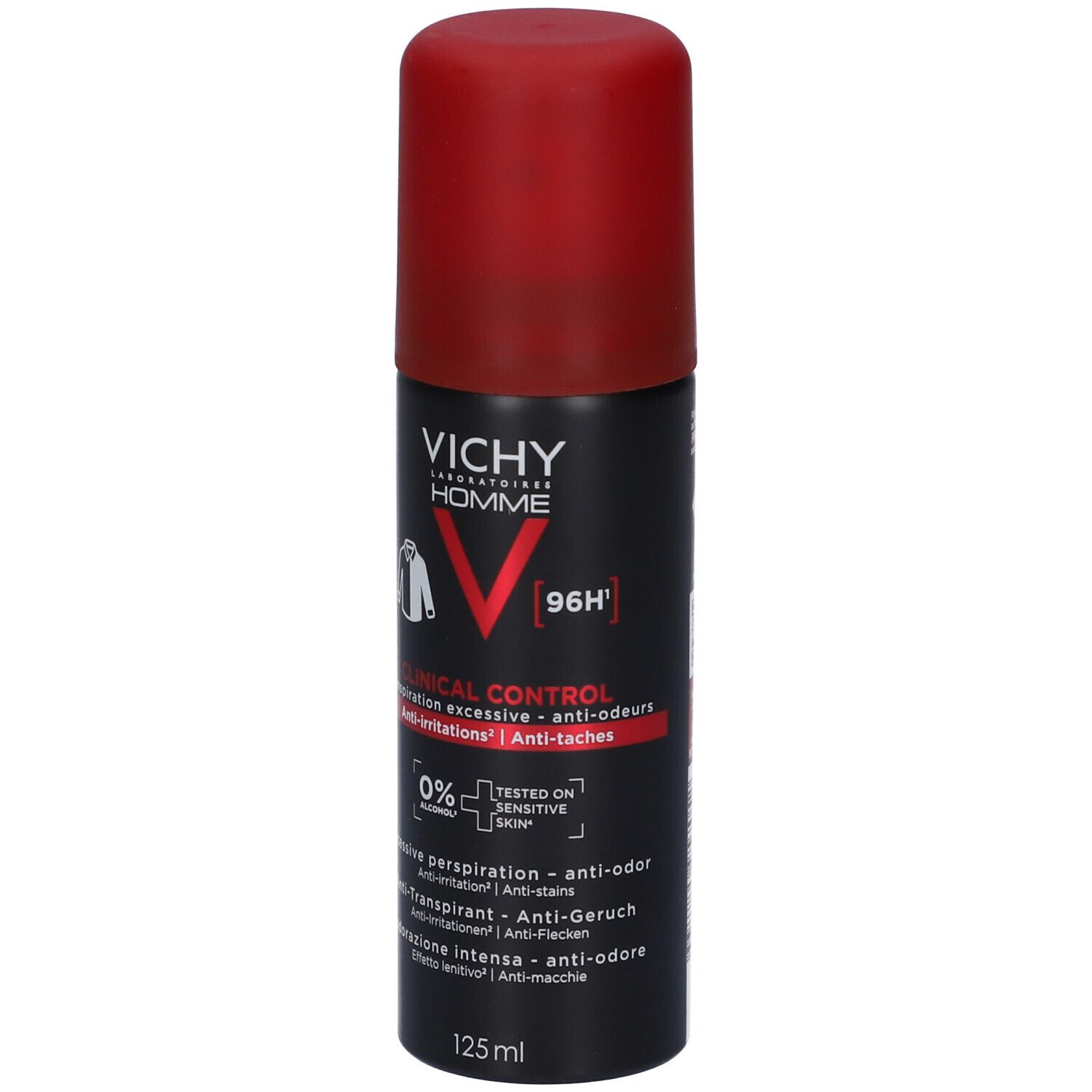 Deodorante aerosol con tappo rosso. Flacone nero con scritta bianca: Vichy Homme, Clinical Control. 96H. 125ml.