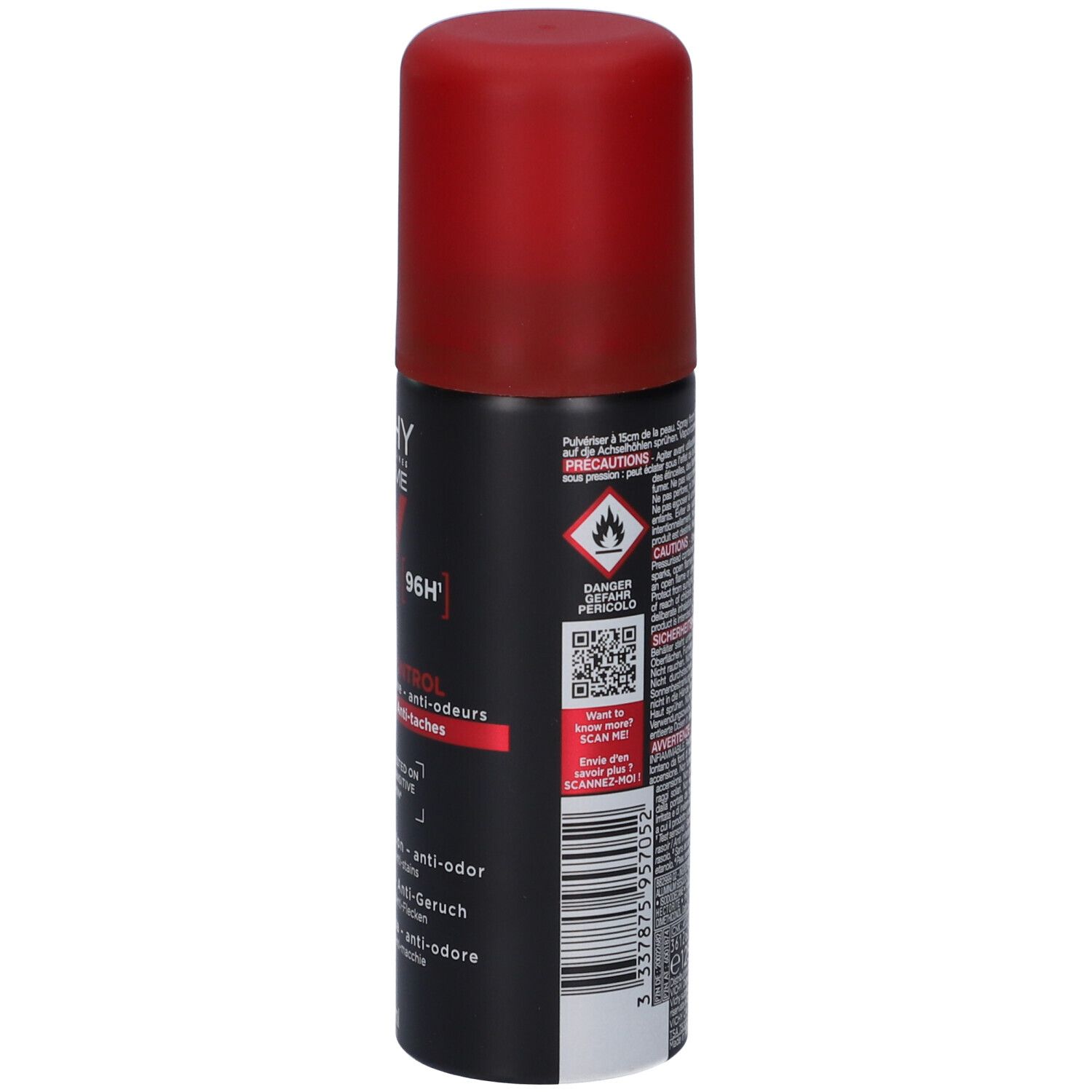 Deodorante aerosol, retro. Flacone nero con testo. Tappo rosso. Avvertenze. Codice QR.
